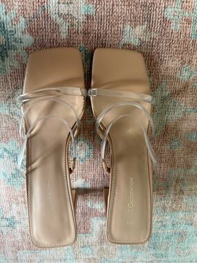 BCBGeneration Nude Square-Toe Block Heel Sandals with Clear Straps